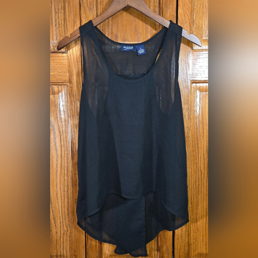 Mileage Black Sheer Sleeveless High Low Hem Flowy Crewneck Tank Top Sz M